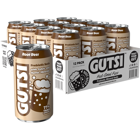 GUTSI Root Beer Prebiotic Mineral Soda – 12 Pack (12 oz Cans)
