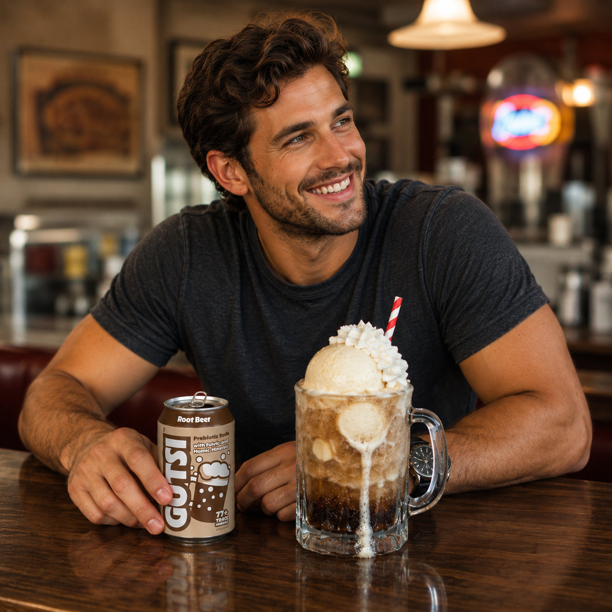 A smiling man in a dark gray t-shirt sits at a wooden table in a cozy bar setting, holding a can of GUTSI Root Beer next to a large glass mug filled with a layered root beer and vanilla ice cream with whipped cream and a red-and-white striped straw.