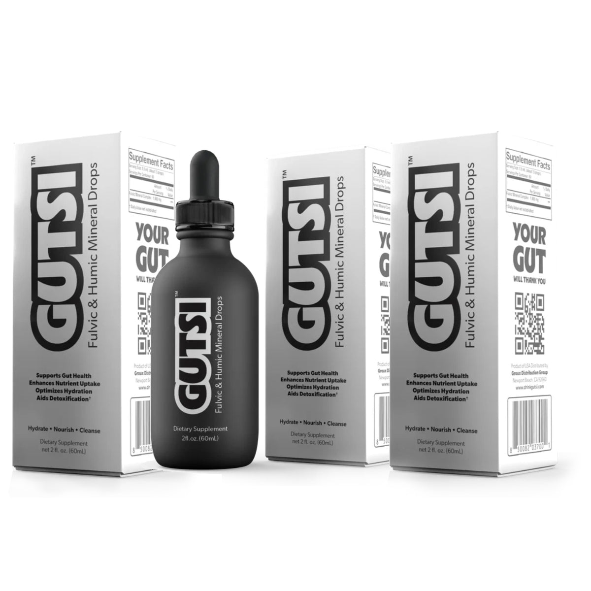 A bottle of GUTSI liquid and brewing mineral drops with its white and gray packaging boxes, displayed on a clean white background.