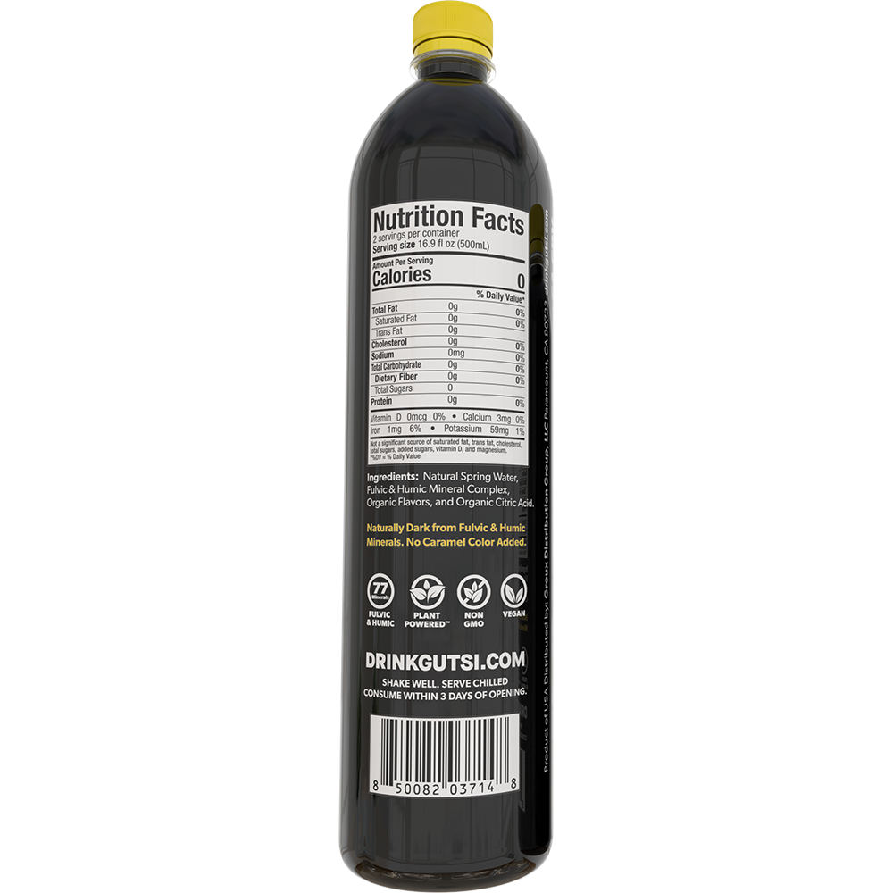 Back of GUTSI Hydration Lemon natural spring 1 Liter water bottle showing Nutrition Facts and ingredients.