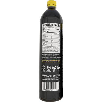 Back of GUTSI Hydration Lemon natural spring 1 Liter water bottle showing Nutrition Facts and ingredients.