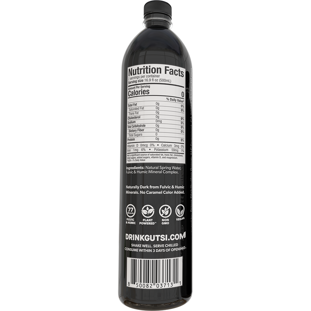 Back of GUTSI Hydration Original natural spring 1 Liter water bottle showing Nutrition Facts and ingredients.