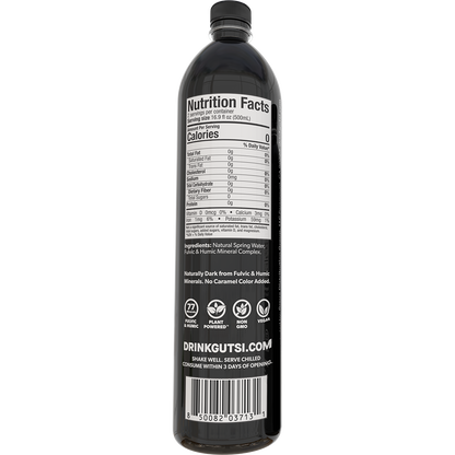 Back of GUTSI Hydration Original natural spring 1 Liter water bottle showing Nutrition Facts and ingredients.