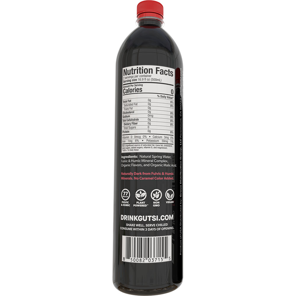 Back of GUTSI Hydration Watermelon natural spring 1 Liter water bottle showing Nutrition Facts and ingredients.