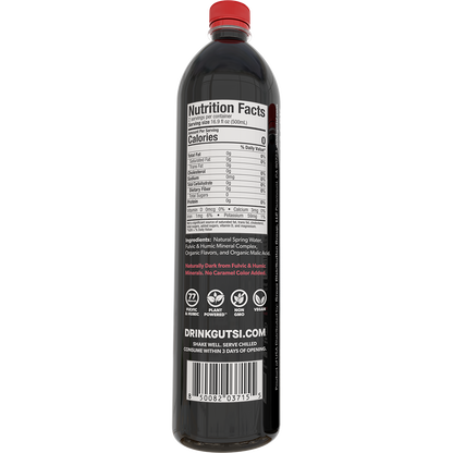 Back of GUTSI Hydration Watermelon natural spring 1 Liter water bottle showing Nutrition Facts and ingredients.