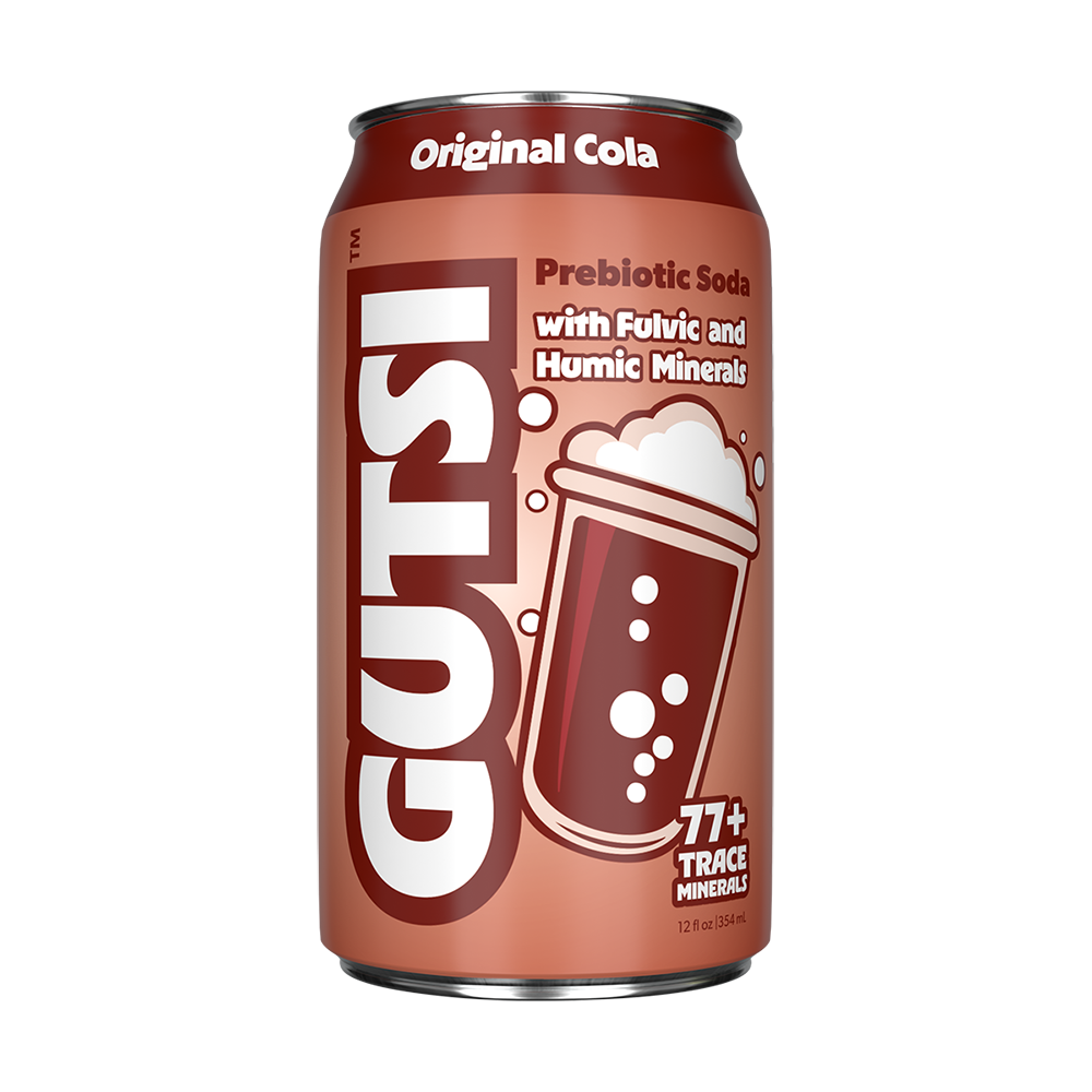 GUTSI Original Cola prebiotic soda can with text and graphics on a brown background