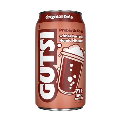 GUTSI Original Cola prebiotic soda can with text and graphics on a brown background