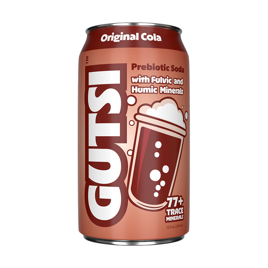 GUTSI Original Cola prebiotic soda can with text and graphics on a brown background