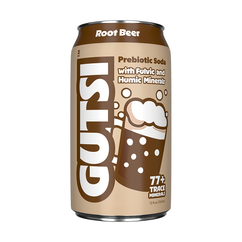 GUTSI root beer prebiotic soda can with text and graphics on a beige background