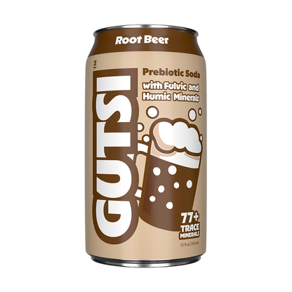 GUTSI root beer prebiotic soda can with text and graphics on a beige background