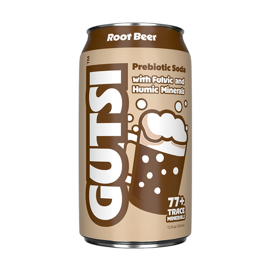 GUTSI root beer prebiotic soda can with text and graphics on a beige background