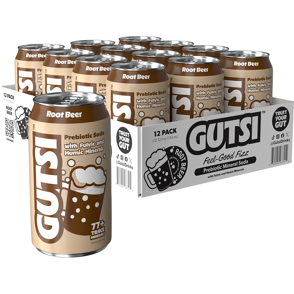 GUTSI Root Beer Prebiotic Mineral Soda – 12 Pack (12 oz Cans)