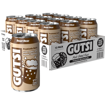 GUTSI Root Beer Prebiotic Mineral Soda – 12 Pack (12 oz Cans)