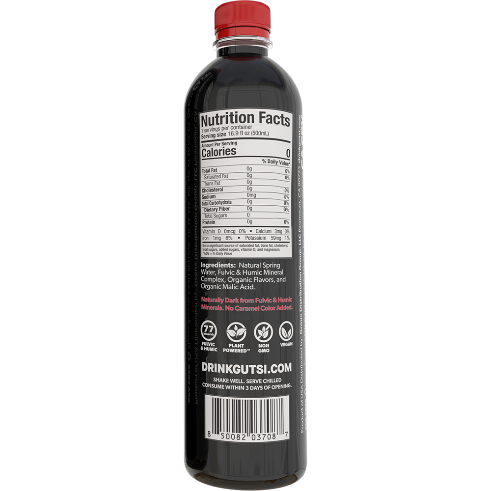 Back of GUTSI Hydration Watermelon natural spring 500 mL water bottle showing Nutrition Facts and ingredients.