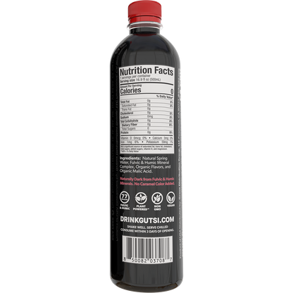 Back of GUTSI Hydration Watermelon natural spring 500 mL water bottle showing Nutrition Facts and ingredients.