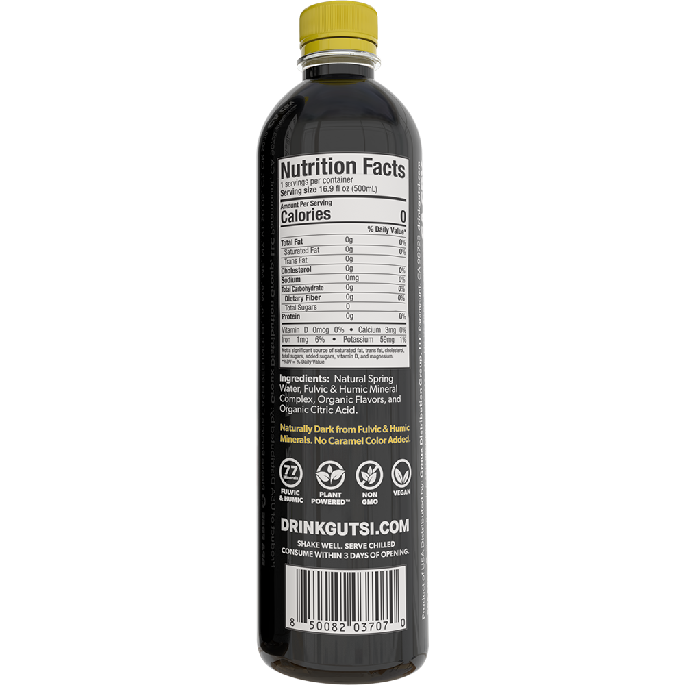 Back of GUTSI Hydration Lemon natural spring 500 mL water bottle showing Nutrition Facts and ingredients.