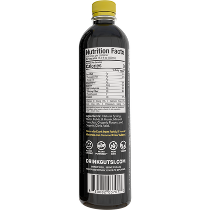 Back of GUTSI Hydration Lemon natural spring 500 mL water bottle showing Nutrition Facts and ingredients.