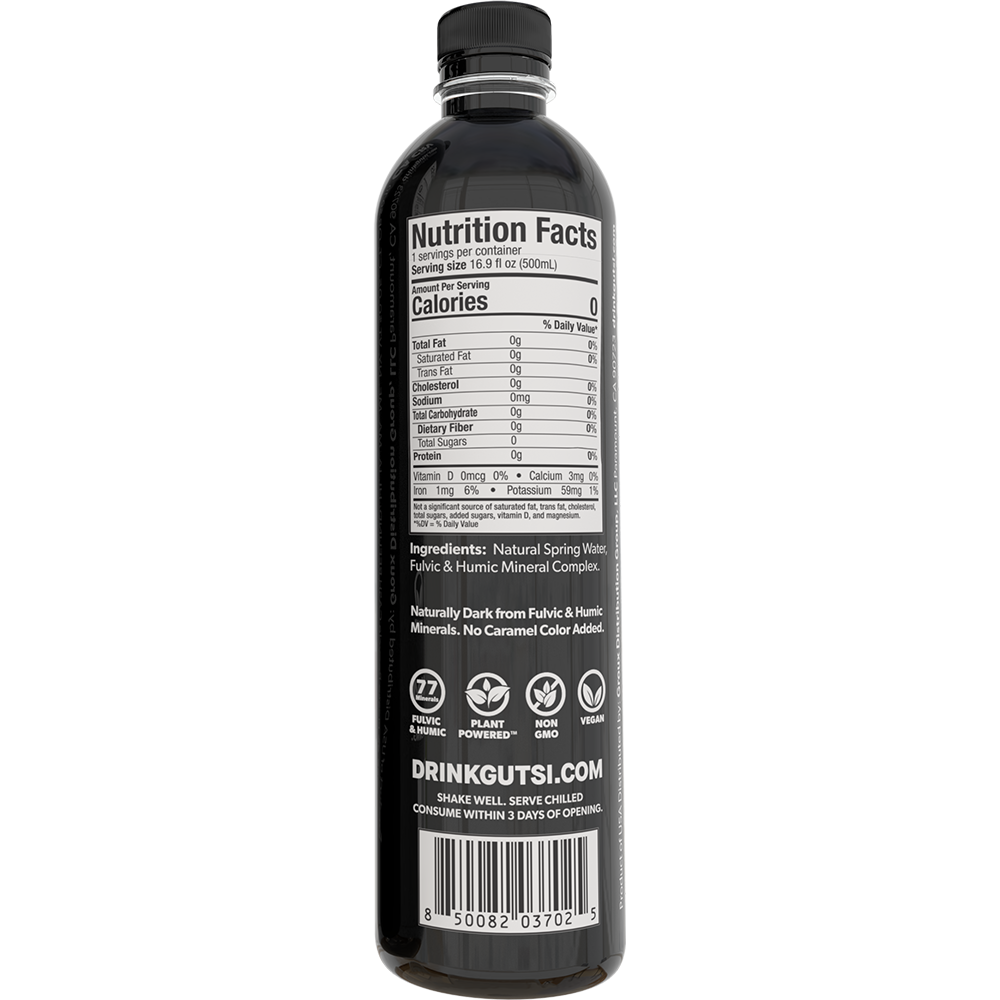 Back of GUTSI Hydration Original natural spring 500 mL water bottle showing Nutrition Facts and ingredients.