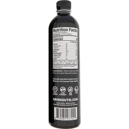 Back of GUTSI Hydration Original natural spring 500 mL water bottle showing Nutrition Facts and ingredients.