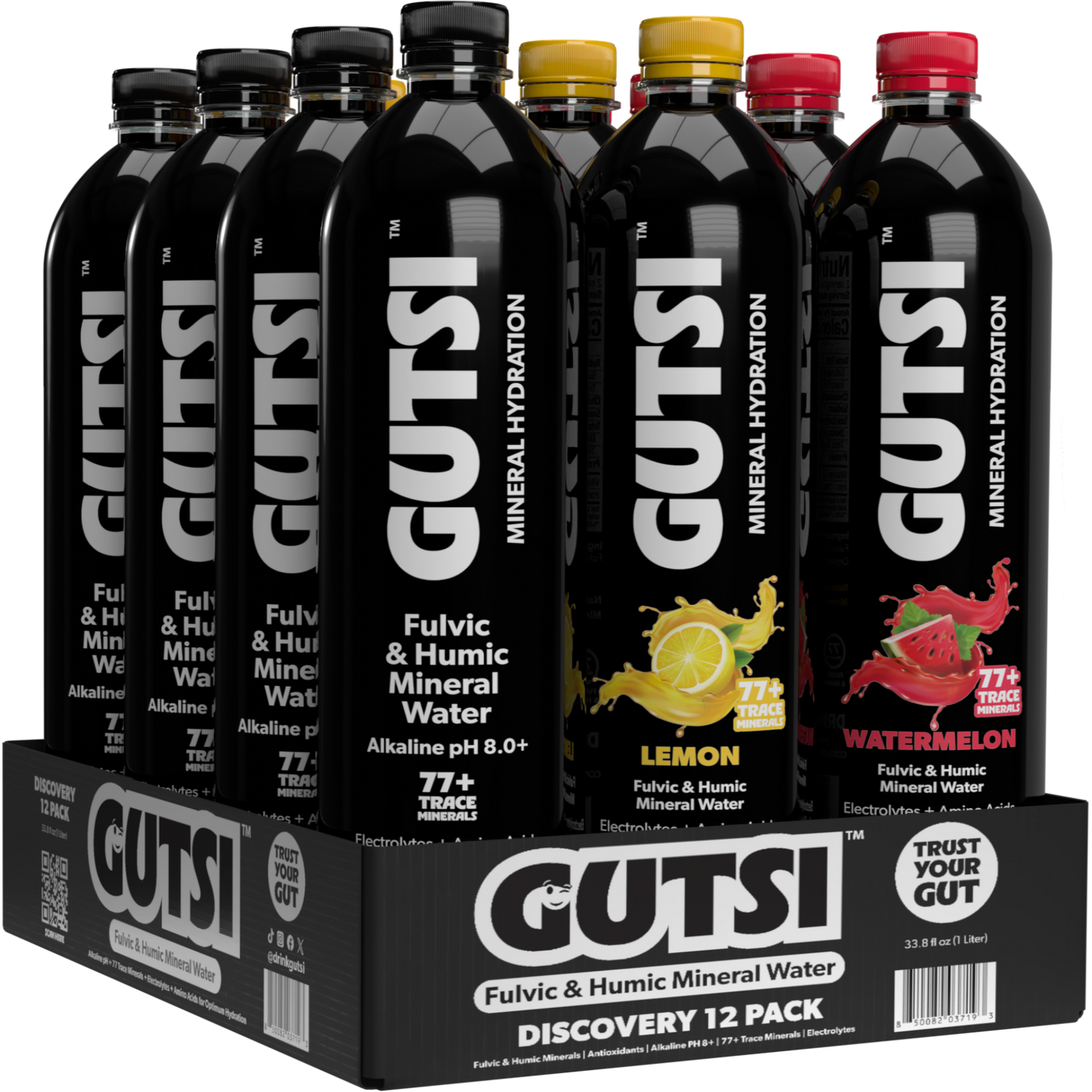 A 12-pack display of GUTSI Fulvic & Humic Mineral Water bottles in a black cardboard tray. The front bottle is Lemon, with Watermelon and other flavors visible behind it.