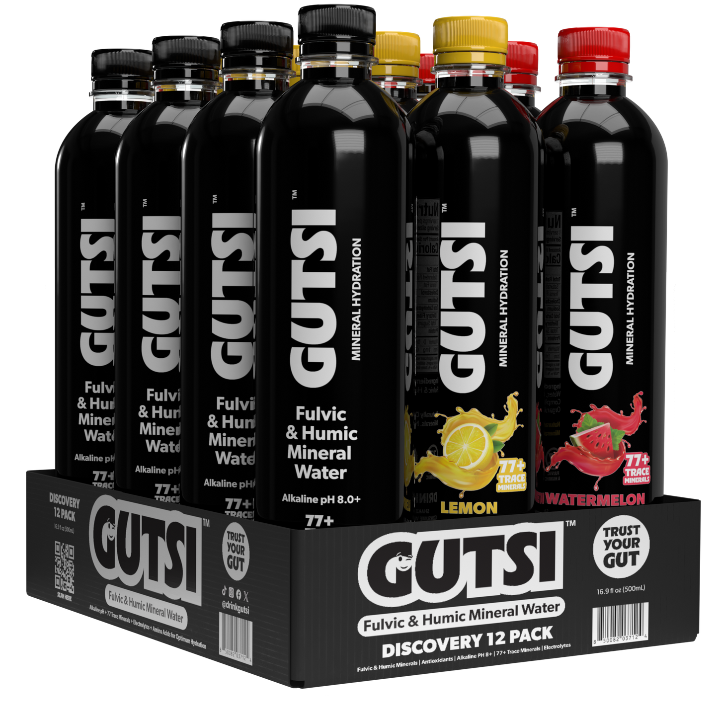 A 12-pack display of GUTSI Fulvic & Humic Mineral Water bottles in a black cardboard tray. The bottles are arranged in two rows, showing flavors including Original, Lemon and Watermelon, all with black labels featuring white text and colorful fruit graphics.