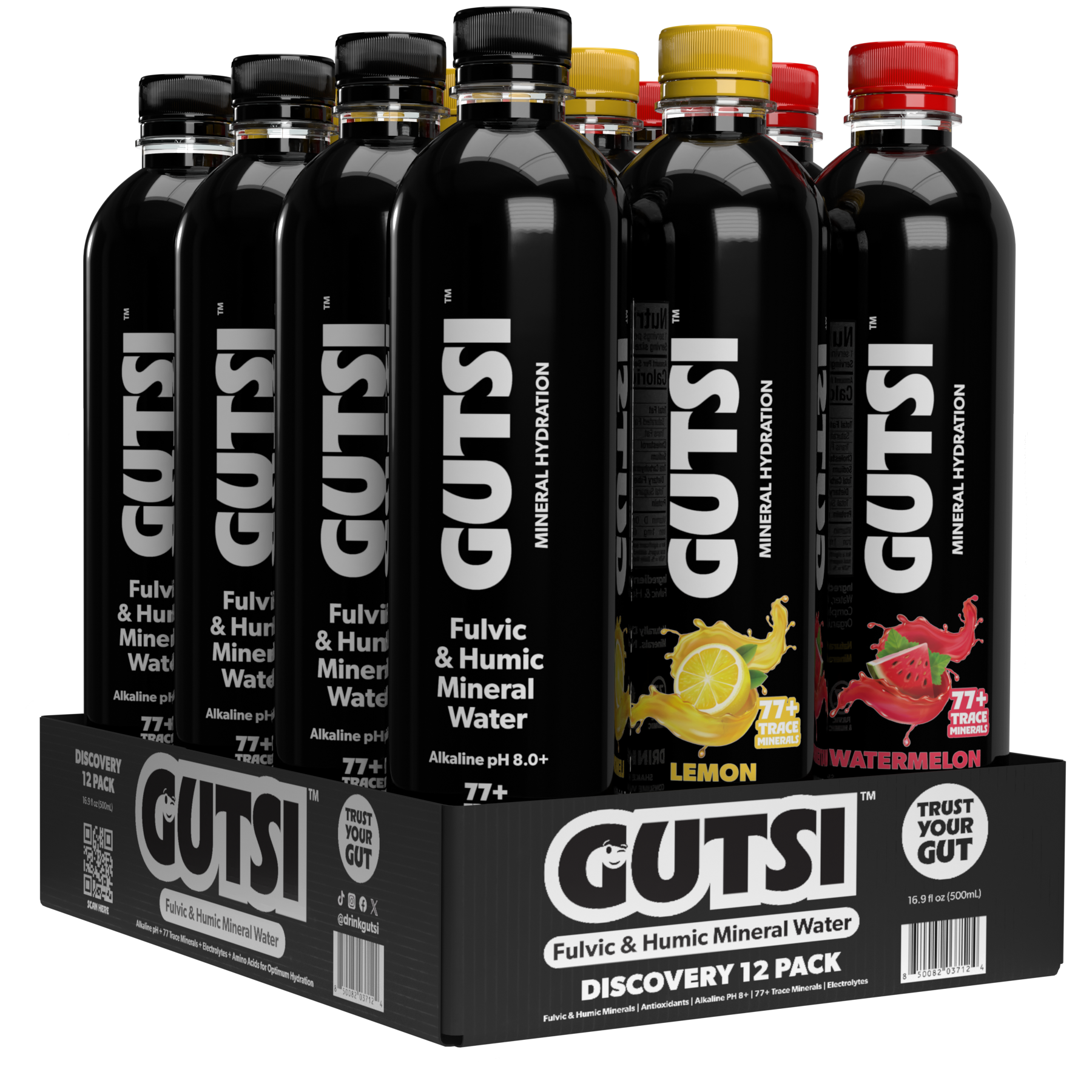 A 12-pack display of GUTSI Fulvic & Humic Mineral Water bottles in a black cardboard tray. The bottles are arranged in two rows, showing flavors including Original, Lemon and Watermelon, all with black labels featuring white text and colorful fruit graphics.