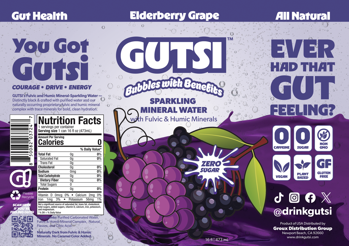 Eau minérale pétillante GUTSI aux baies de sureau et au raisin — Eau minérale fulvique (canette de 473 ml)