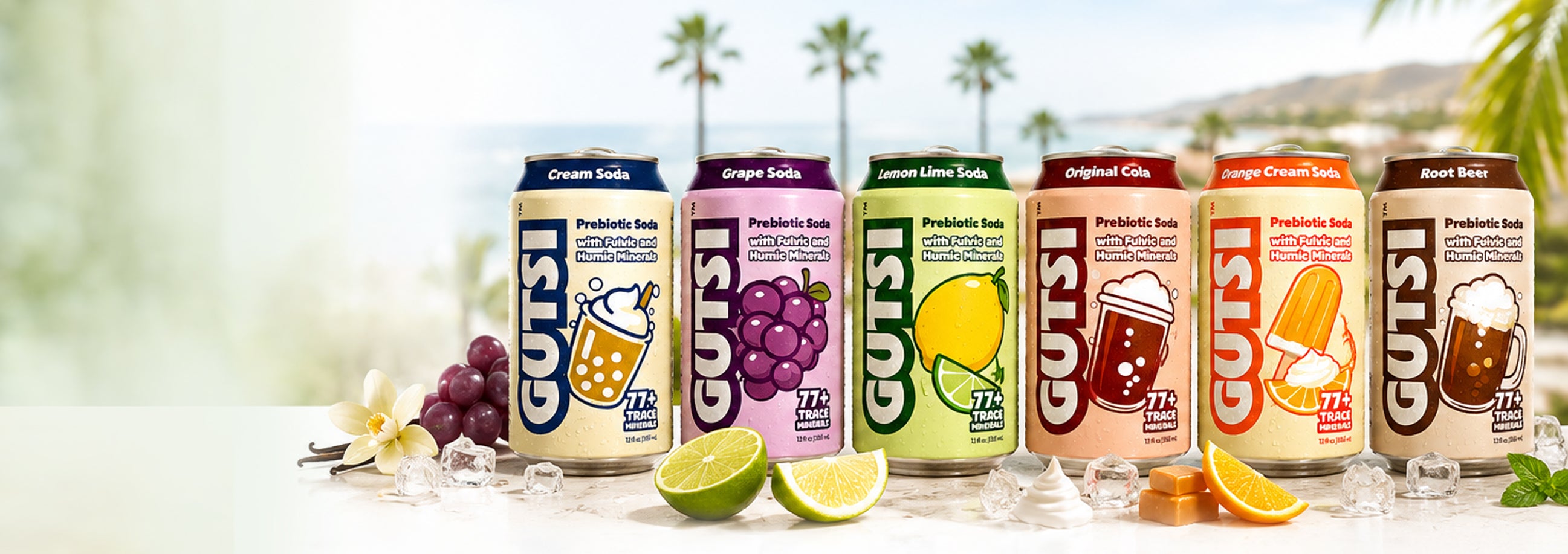 GUTSI Six flavors of Prebiotic Low-Sugar Soda with 77+ Trace Minerals