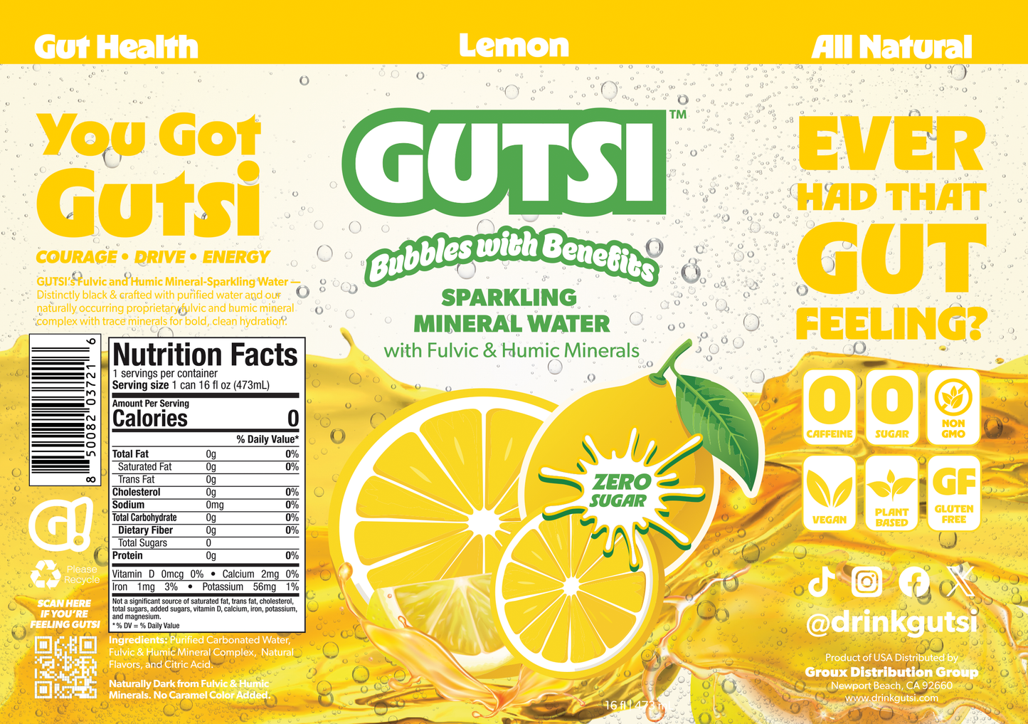 Agua mineral fúlvica GUTSI con gas de limón (lata de 16 oz)