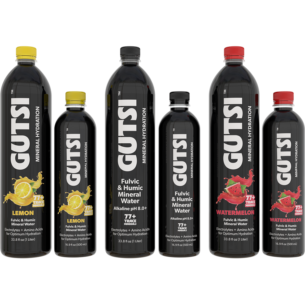 Six GUTSI Hydration mineral water bottles  feature colorful labels for Lemon, Original, and Watermelon flavors.