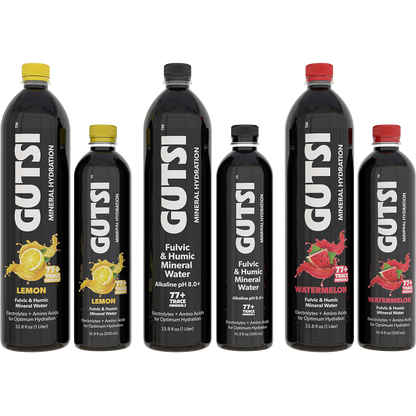 Six GUTSI Hydration mineral water bottles  feature colorful labels for Lemon, Original, and Watermelon flavors.
