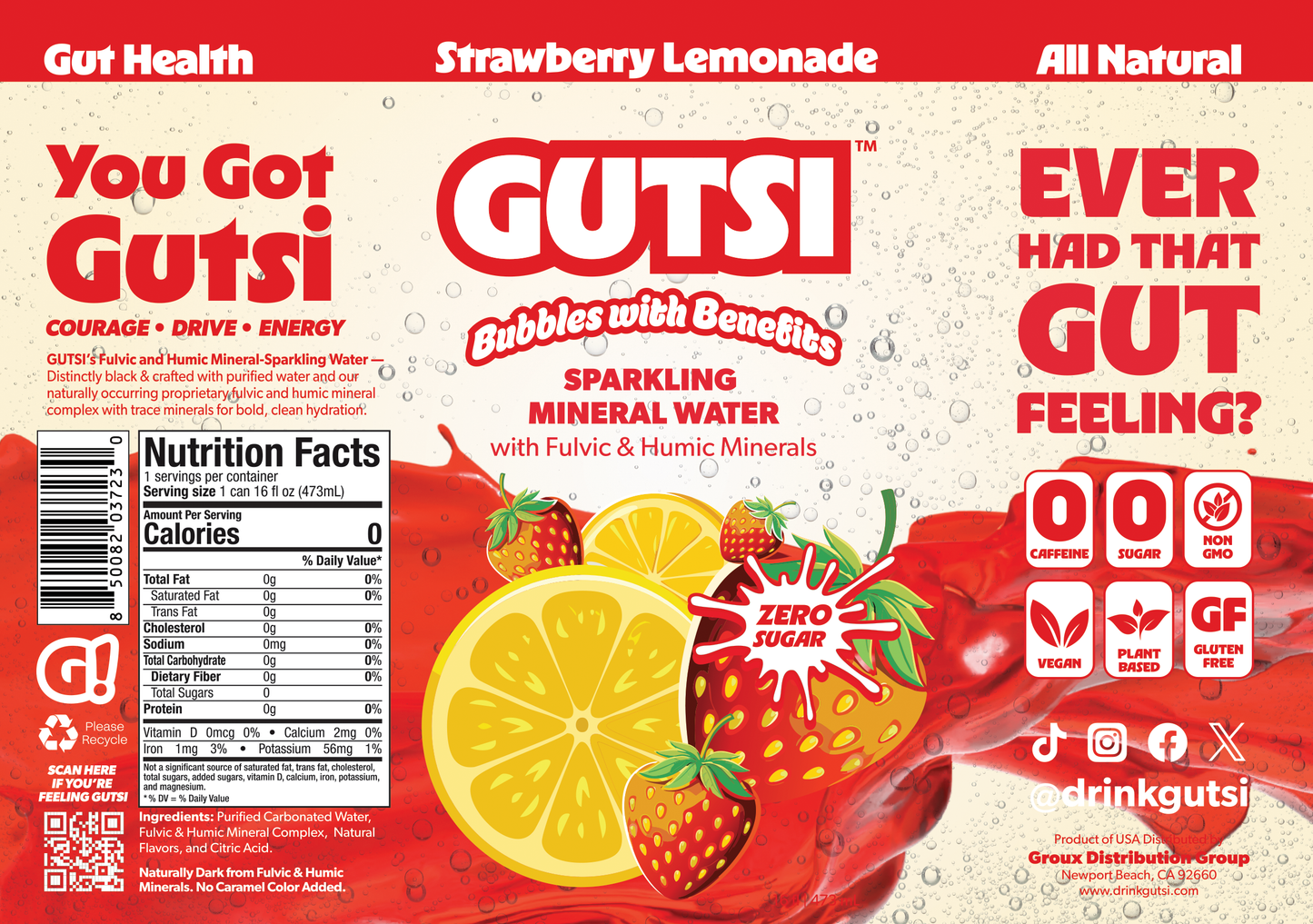 Limonade pétillante à la fraise GUTSI — Eau minérale fulvique (canette de 473 ml)