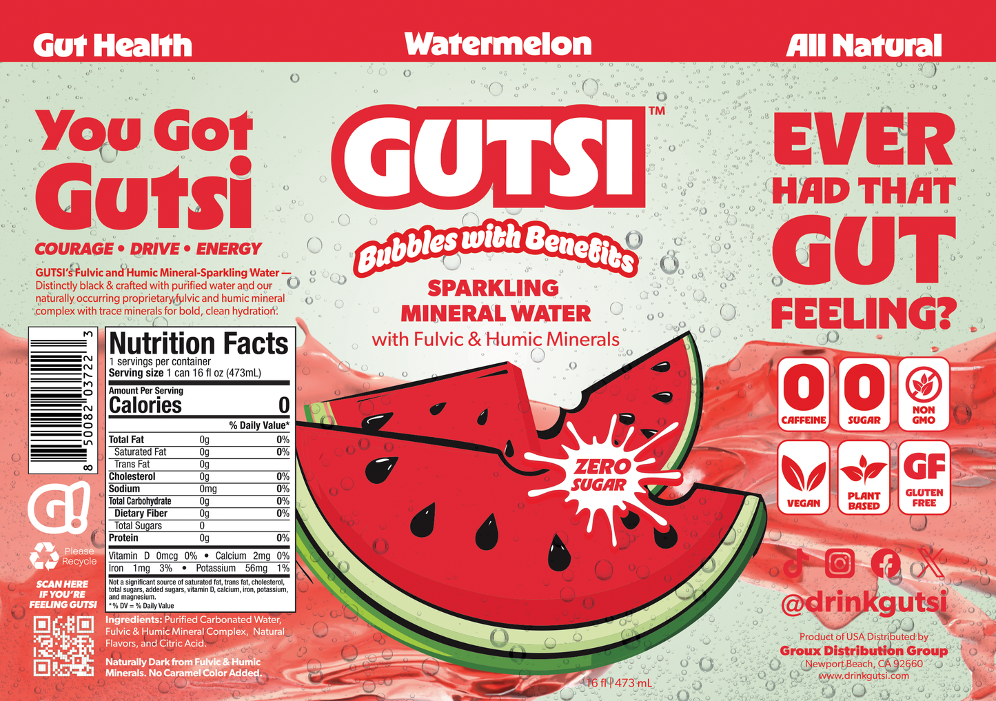 Eau pétillante à la pastèque GUTSI — Eau minérale fulvique (canette de 473 ml)