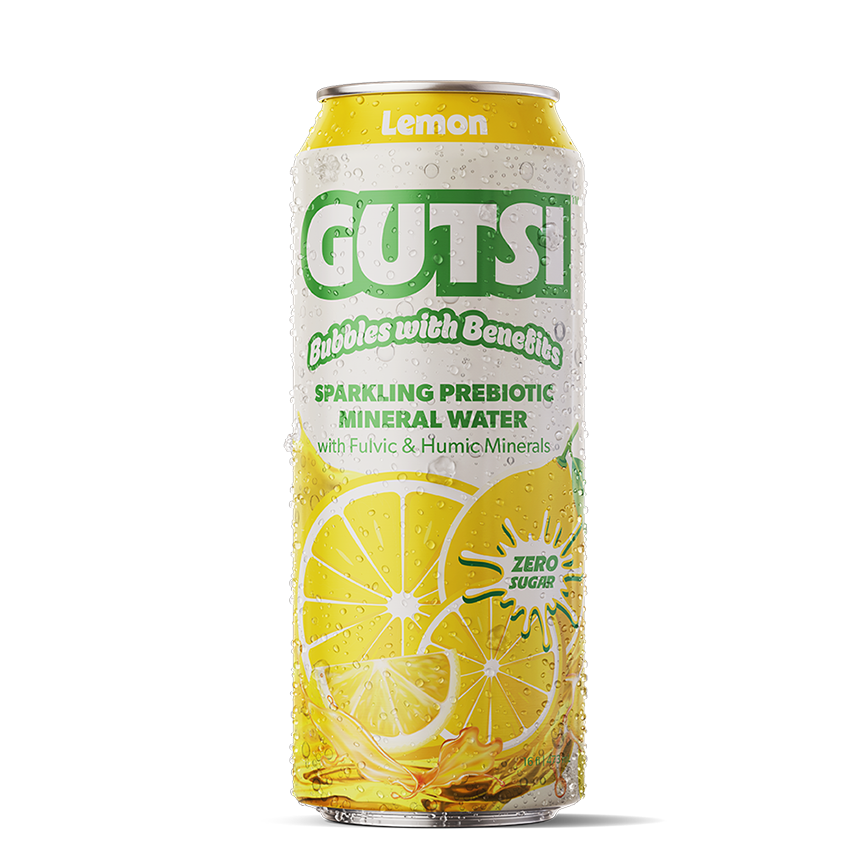 Agua mineral fúlvica GUTSI con gas de limón (lata de 16 oz)