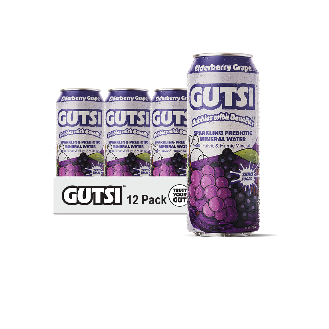 GUTSI Sparkling Elderberry Grape — Fulvic Mineral Water 12 Pack (16 oz Can)