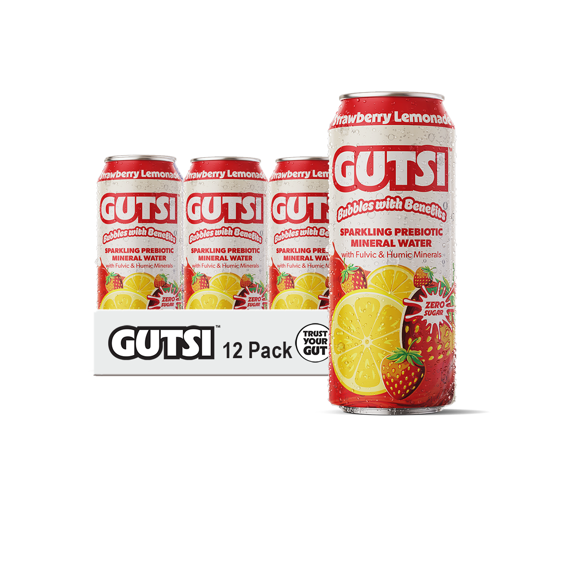 GUTSI Sparkling Strawberry Lemonade — Fulvic Mineral Water 12 Pack (16 oz Cans)