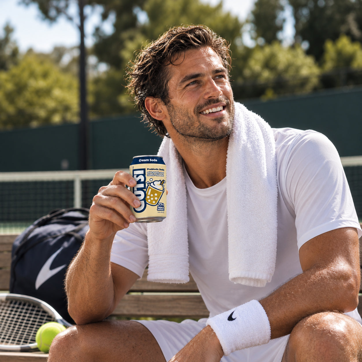 A man sitting on a tennis court bench holding a can of GUTSI Cream Soda, wearing a white t-shirt, white shorts, and a white towel around his neck. A duffel bag and tennis racket are visible in the background.
