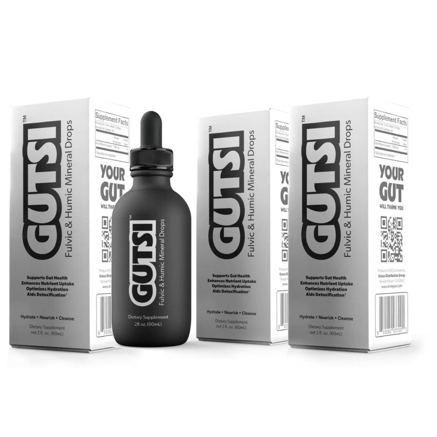 A bottle of GUTSI liquid and brewing mineral drops with its white and gray packaging boxes, displayed on a clean white background.