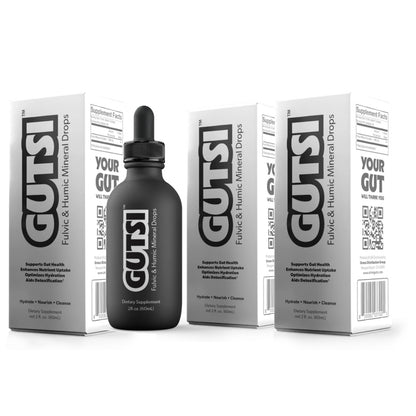 A bottle of GUTSI liquid and brewing mineral drops with its white and gray packaging boxes, displayed on a clean white background.