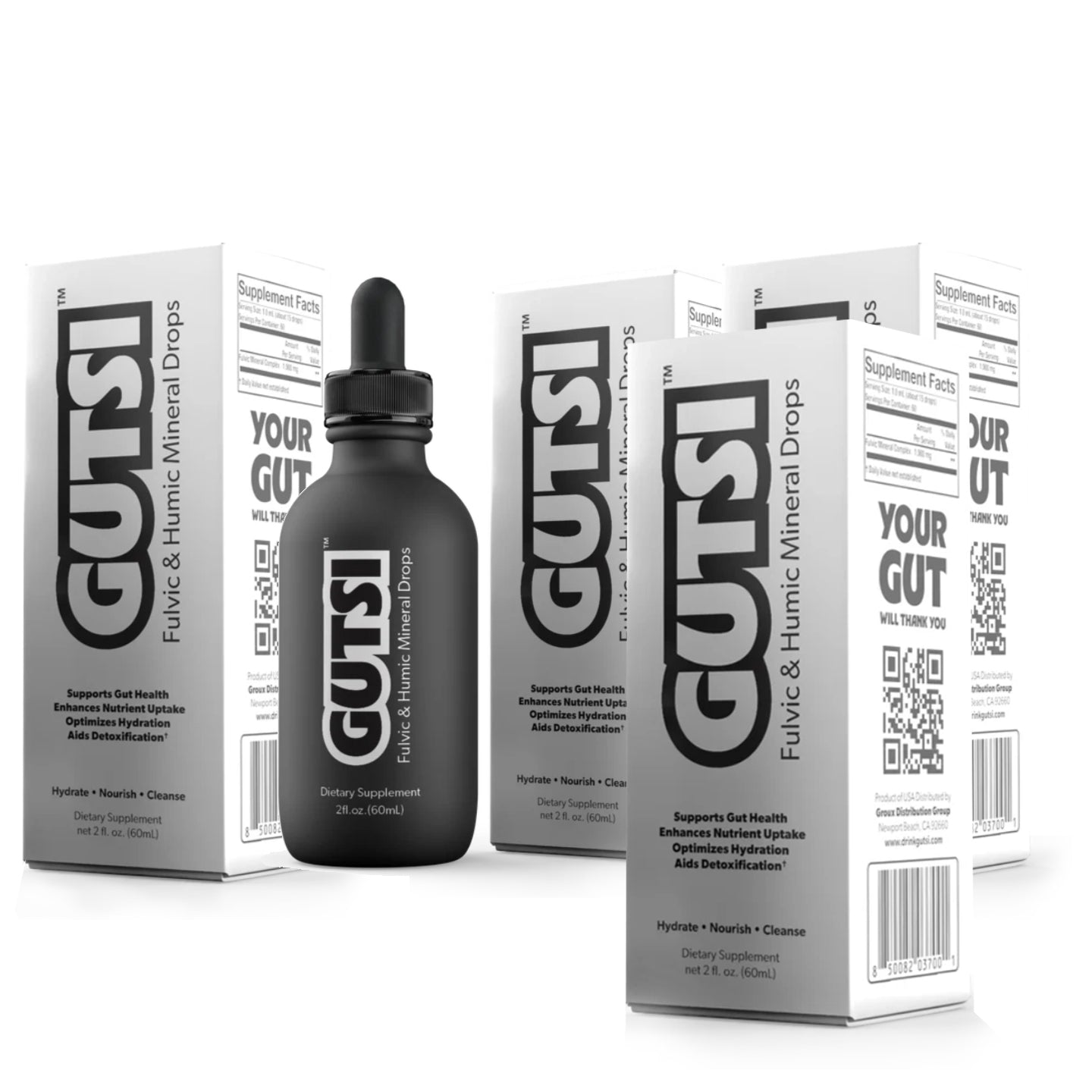A bottle of GUTSI liquid-boosting mineral drops stands in front of several white and gray product boxes on a clean white background. The bottle has a black dropper cap, and the packaging features large black GUTSI branding and supplement facts panels.