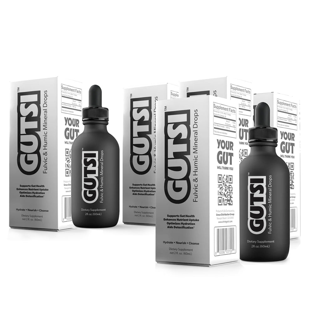 Two black GUTSI dropper bottles with white and gray packaging boxes, displayed on a clean white background.